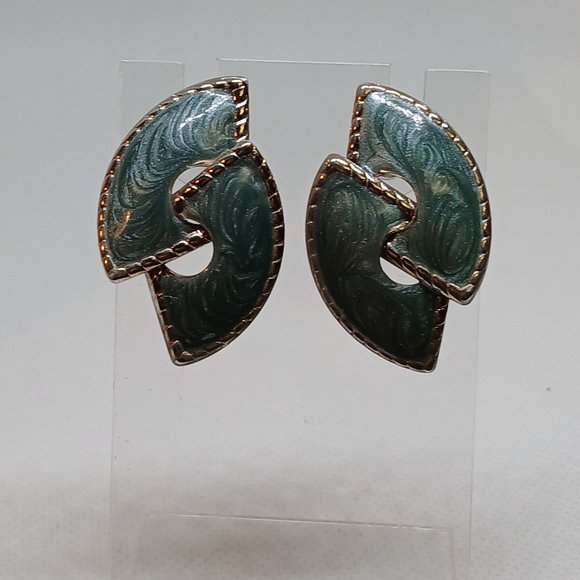 1980s Vintage Retro Shimmering Green/Blue/Gray Enamel Pierced Earrings #35W - Picture 4 of 14